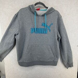 Puma Sportlifestyle Gray Hoodie Sweatshirt Teal Logo Pullover Women Large